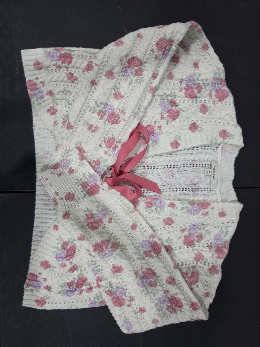 Francesca's Cream Floral Knit Cardigan with Pink Ribbon Tie